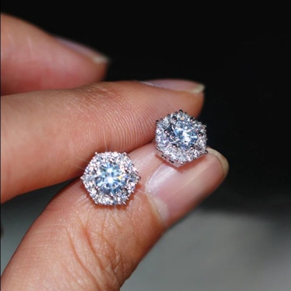 NEW Silver Diamond Hexagon Halo Stud Earrings - Picture 3 of 6